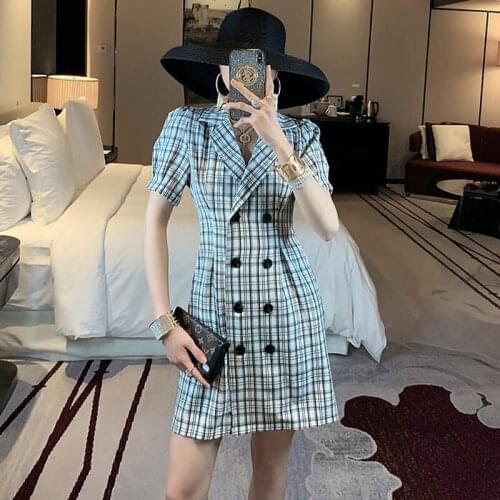 Womens chic Vintage Suit Collar Plaid Dress office lady Slim Thin Short Sleeve A-Line Dress 2019 Fashion bf Dress