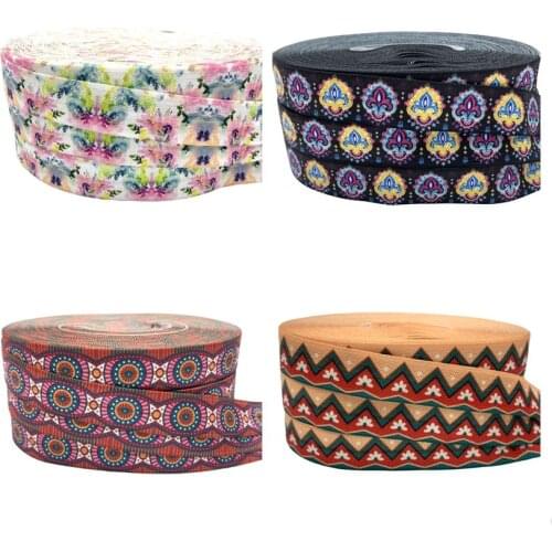 10Yards 16mm Geometry Flowers Print Fold Over Elastic FOE DIY Head Wear Strap Hair Tie Wrap Gift Accessories Decoration