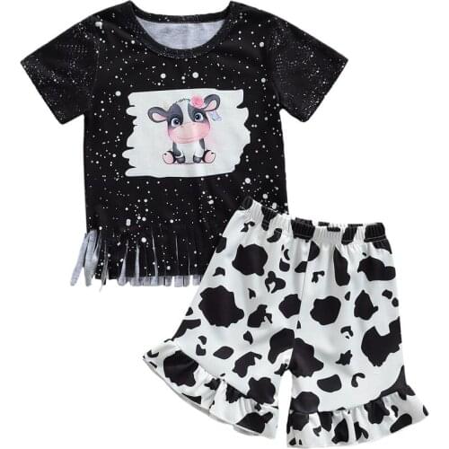 2021 1-6Y Casual Toddler Girl Clothes Set Cartoon Cow Print Tassels Short Sleeve T-shirt+Milk Ruffle Shorts Summer Outfits 2pcs