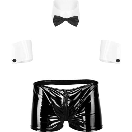 3Pcs Mens Waiter Lingerie Suit Open Back Tuxedo Boxer Briefs Underwear Panties + Bow Tie Collar + Cuffs Sexy Roleplay Costumes
