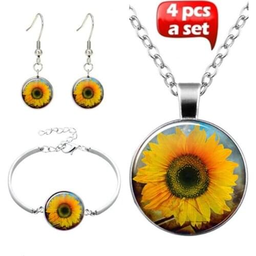 4Pcs/Set New Sunflower Chain Necklace Bracelet Earrings Bright Yellow Sun Flower Art Glass Dome Pendant Women Lucky Jewelry Gift