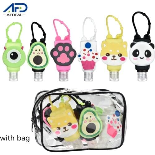 6pcs Cute Cartoon Mini Hand Sanitizer Bottle with Bag Silicone Refillable Hand Gel Holder Detachable Cover Liquid Soap Dispenser