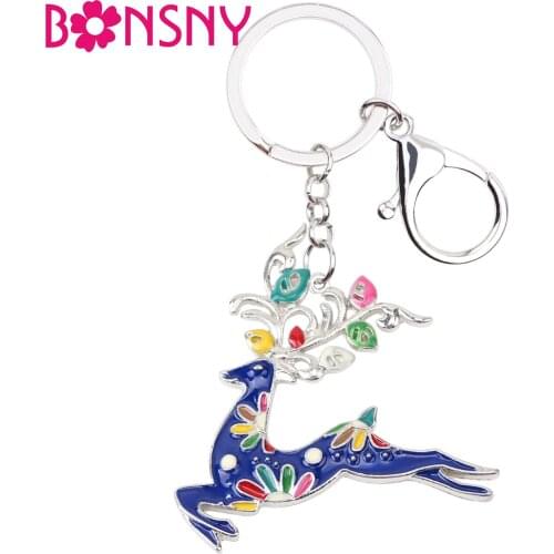 Bonsny Enamel Alloy Running Deer Elk Key Chain Ring Handbag Wallet Car Keychains Animal Jewelry Charms Gift For Girls Lady 2019