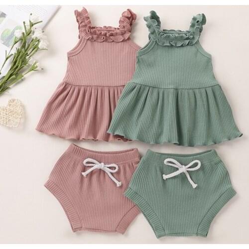 New Summer Cute Baby Cotton Romper Suits Girls ' Flounces Leaf Sleeveless Skirt Top + Drawstring Briefs 0-18M 2021