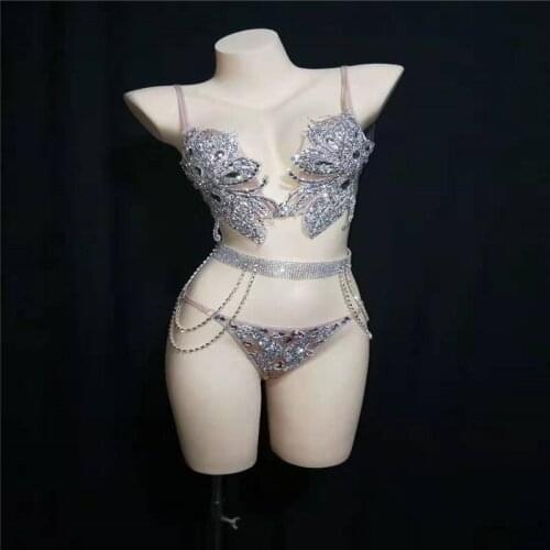 T45 Silver flower rhinestone bikini set party evening dance costumes stage pole dress bar crystal diamonds bra bodysuit cloth dj