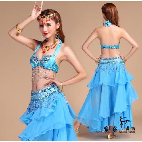 6 Colors Stage Performance Oriental Belly Dancing Clothes 3-piece Suit Bead Bra, Belt & Skirt Belly Dance Costume Set