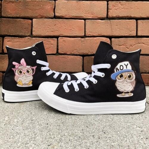 Wen Design Black White Canvas Shoes Cartoon Animal Owl Babies Cap Pink Bow Tie Unisex Sneakers Skate Shoe High Top Couple Shoes