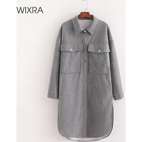 Wixra Womens Gray Shirt Jacket Coat Ladies 2021 Spring Autumn Turn Down Collar Female Long Outerwear