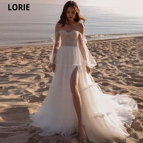 LORIE Illusion Tulle Wedding Dresses 2021 Draped Puff Sleeves Sweetheart Vestido De Noiva Leg Slit Princess Robe De Mariée