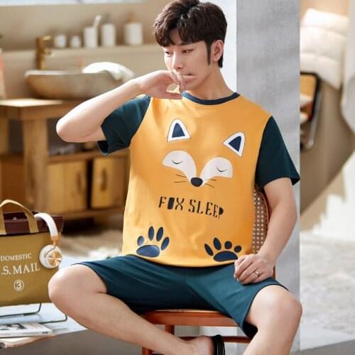 Mens Pajamas Set Summer Short-sleeve Cotton Nightwear Simple Fashion Cartoon Sleep Fox Sleepwear Plus Size Patchwork Homewear