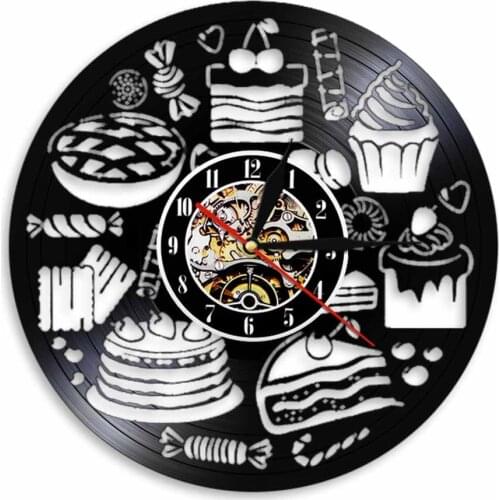 Dessert Cream Cakes Pastries Inspired Vinyl Record Wall Clock For Tea Room Cafe House Bakery Shop Sign Retro Music Album Clock