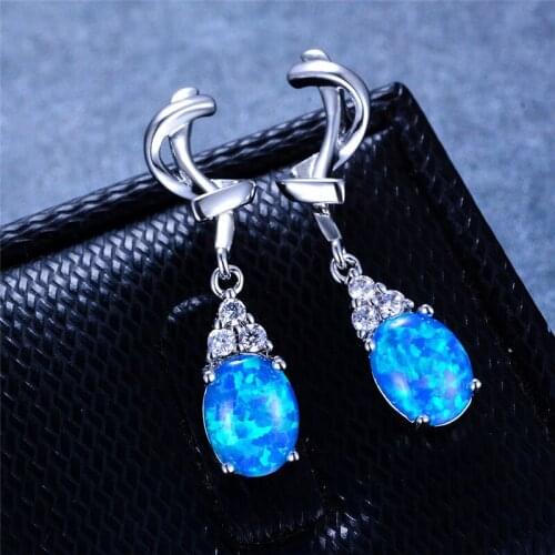Luxury Boho Women Long Dangle Earrings silver color Blue White Fire Opal Earrings Big Twisted Oval Earrings