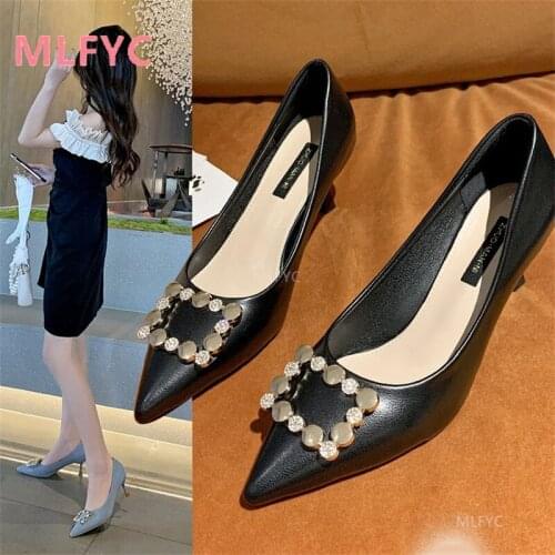 Fashion single shoes 2021 pointed toe new fashion shallow mouth metal square buckle stiletto high heels womens shoes