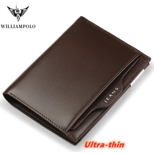 WILLIAMPOLO Full-Grain leather Short Wallet For Men Fashion Credit Card Holder Coin Purses Business Ultra-thin Cowhide P220