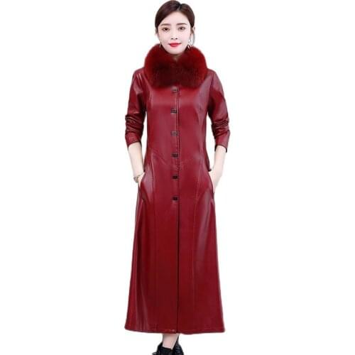 M-7XL Women Long PU Leather Jacket 2021 New Female Autumn Winter Lined Add cotton Leather Coat Femme High-end Leather Overcoat