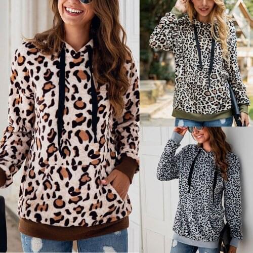 Womens Leopard Long Sleeve Hoodies Loose Casual Hooded Sweatshirt Pullover Up Blouse For Female Spring Autumn