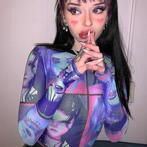 Women Polyester Casual Crop Tops Multicolor Human Face Print Round-Neck Long Sleeves Slim T-shirts for Girls