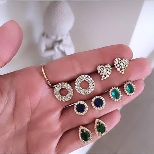 Blue Green Crystal Stud Earrings For Women Jewelry Fashion Heart Round Geometric Love Earring Set Wedding Accesorios Mujer 2019