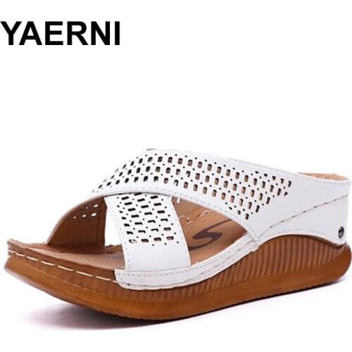 YAERNI Newest Women Wedge Slipper Rome Platform Hollowing Casual Comfortable Summer Women Mother Peep Toe Soft Shoes Size 35-40