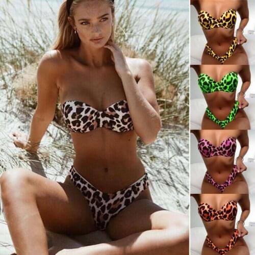 2020 Summer Feminino Women Leopard Swimwear Sexy Bikini Set Push Up Strapless Bra G-string Thong Bathing Suit Mini Bikini