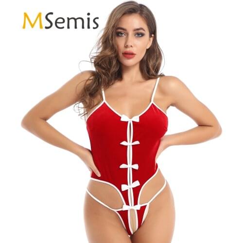 Womens Lingerie Crotchless Christmas Costume Spaghetti Shoulder Straps Front Bowknots Back Lace Up Leotard Bodysuit Nightwear