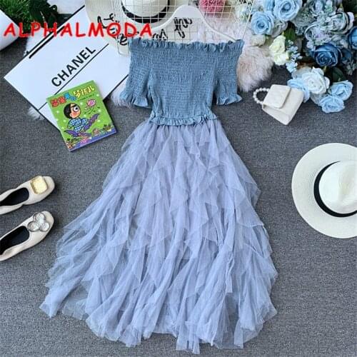 ALPHALMODA Ladies Sweet Ball-gown Dress Stretchy Top Off-shoulder Irregular Ruffled Mesh Patchwork Women Retro Princess Vestidos