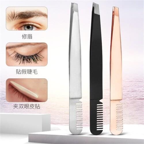 1pcs Eyebrow Tweezer with Eyebrow Brush Comb Stainless Steel Eyelashes Extension Tweezers Double Eyelids Pinzette Clip