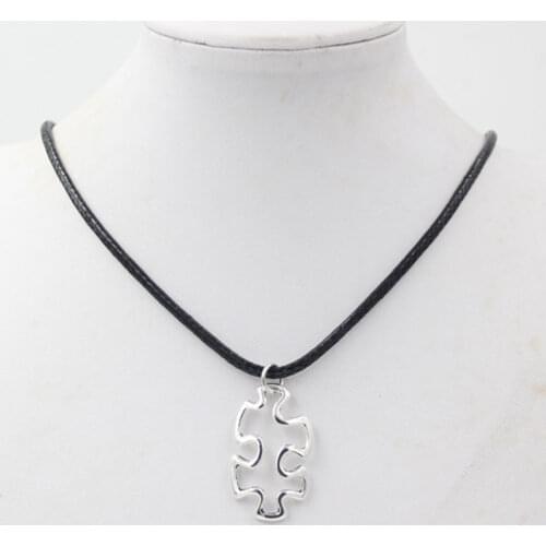 10PCS New Arrival Black PU Leather Rope with Polised Color Puzzle Autism Pendant Necklace for Puzzle Autism Awareness