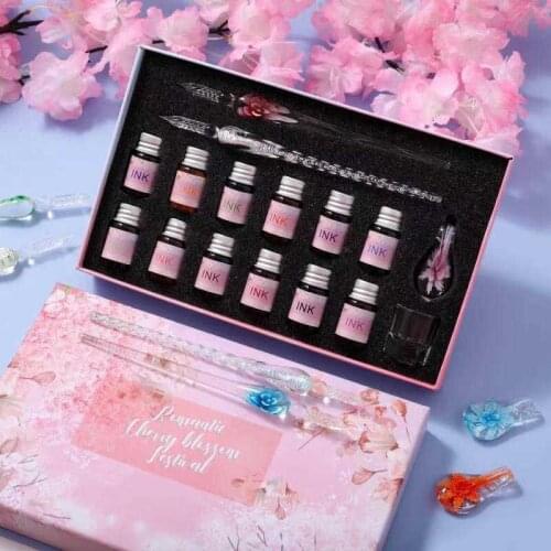 16 Pgs/box Sakura Glass Pen Dip Pen with 12-color Pen Handcrafted Ink, Stationery, Handwriting Written Art Supplies