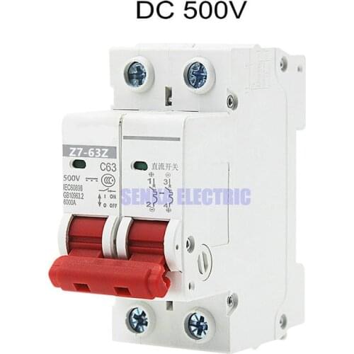 2P DC 500V Solar Mini Circuit Breaker 6A/10A/16A/20A/25A/32A/40A/50A/63A DC Air Switch MCB