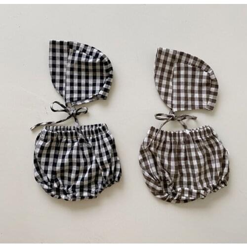 Newborn Baby Girl Clothes Sets for Baby Boys Plaid Bloomers+Hat Summer 2Pcs Outfits Baby Linen Shorts Suit Korean Baby Clothes