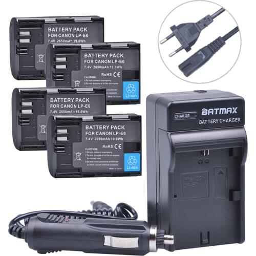 4Pcs LP-E6 LPE6 LP E6 Battery 2650mAh +Digital Wall Charger for For Canon EOS 5DS R 5D Mark II 5D Mark III 6D 7D 80D 90D
