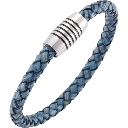 Vintage Men Jewelry Blue Braided Leather Mens Bracelet Handmade Stainless Steel Magnet Clasp Fashion Male Wristband Gift SP0242