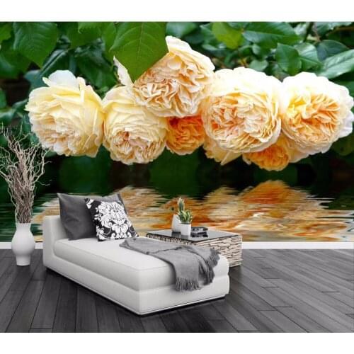 CJSIR Custom Photo Wallpaper Mural Sticker Rose Garden Champagne Rose Tree Water Pastoral TV Background Wall Papel De Parede