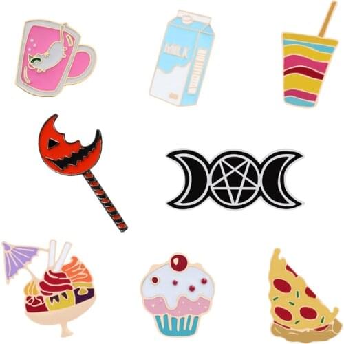 Enamel Pins Cute Cartoon Brooches Cakes Milk Candy Pizza Moon-Star Clothes Coat Lapel Pin Bag Button Badge Jewelry Gift For Kids