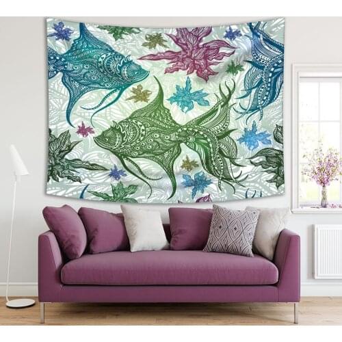 Tapestry Fish Abstract Underwater Wild Life Tropical Nature Vintage Style Artwork Green Blue Purple