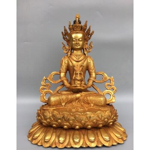 13"Chinese temple collection Old Bronze Gilt Longevity Buddha Guanyin Bodhisattva Sitting on the lotus platform Buddha statue