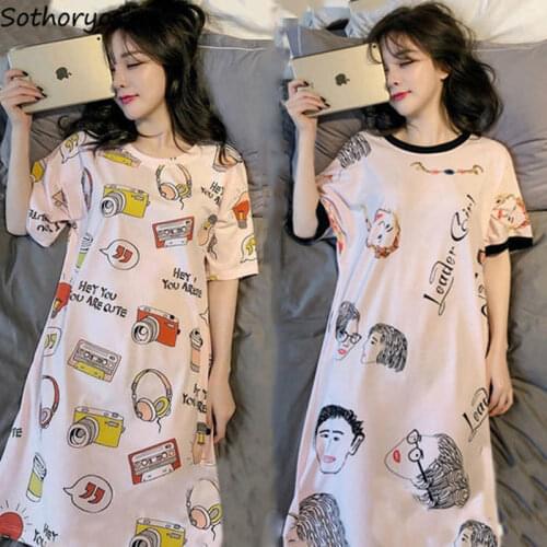 Nightgowns Women Printed Plus Size Loose Trendy Sweet Korean Style Homewear Leisure Chic Students Nightwear Sleepshirts Lovely