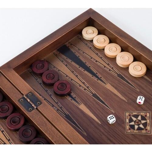 Luxury Walnut Wood Backgammon & Chess Set 43x20,5x6 Cm Classic Vintage Rustic Design Mosaic Motifs Handmade Arts