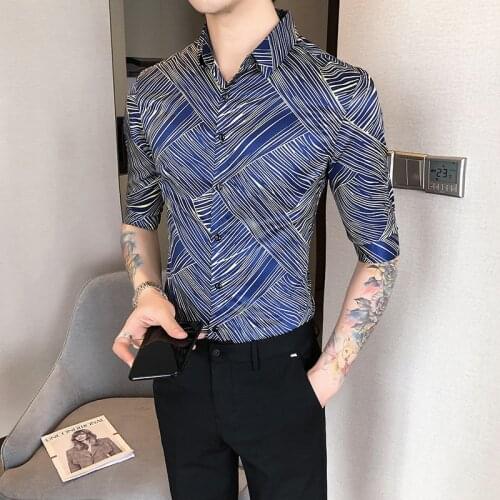 Spring summer mens fashion short-sleeved shirt mens high-quality business self-cultivation print striped middle-sleeved shirt