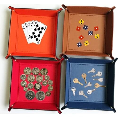 Foldable Storage Box PU Leather Square Tray For Dice Table Games Key Wallet Coin Box Tray Desktop Storage Box Trays Decor
