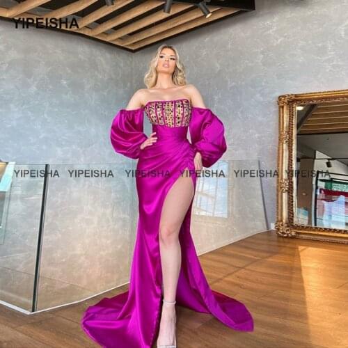 Yipeisha Side Split Prom Dresses Long Puffy Sleeves Mermaid Evening Party Gown with Rhinestones Fuchsia Satin Vestido de Festa
