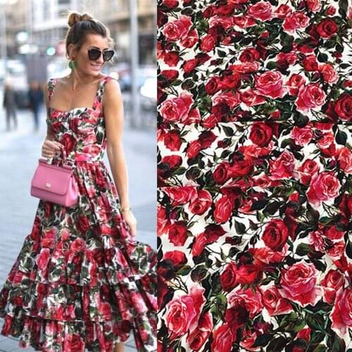 145cm Width Fashion Red Rose 100%Cotton Fabric For Woman Summer Dress Blouse Tissu Tela Хлопок материал DIY Sewing