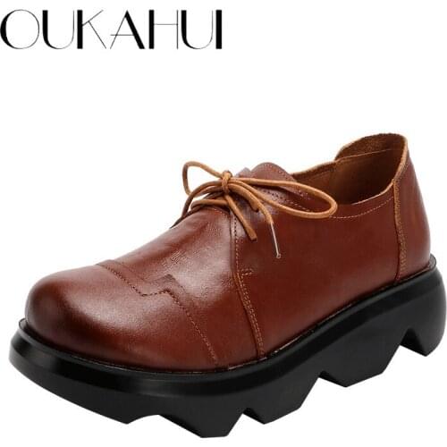 OUKAHUI Genuine Leather 5CM Flat Platform Shoes Women 2020 Autumn Round Toe Light Breathable Black Thick Sole Shoes Woman Flat