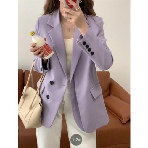 2021 Autumn Women Purple Blazer Coat Turn Down Collar Drouble Breasted Blazer Jacket Ladies Loose Coat Casaco Feminino Tops