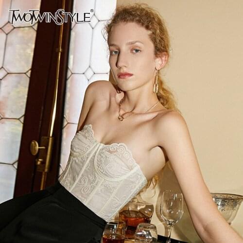 TWOTWINSTYLE Sexy Apricot Womens Tube Top Slash Neck Sleeveless Korean Patchwork Lace Slim Corset For Female New Summer Fashion