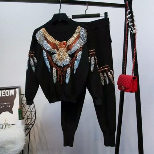 Heavy Work Sequin Embroidery Women Knitted Sets Manual Beaded Eagle pattern O Neck Pullover Pencil Pants Knit Tracksuit Outfits