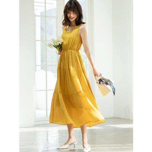 Spring Summer New Women Sweet Slim Sleeveless Cake Ladies Japanese Style Casual Loose Yellow/Green Long Dresses