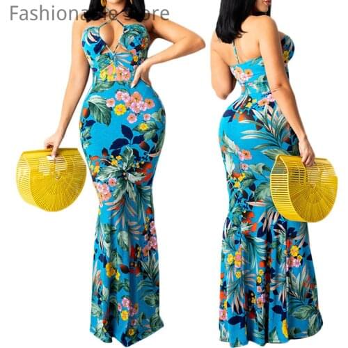 Women Halter Floral Print Hollow Sleeveless Backless Maxi Dress