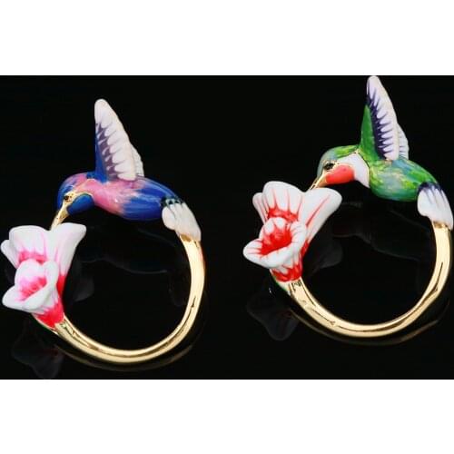 Simple Elegant Hummingbird Jewelry For Women Enamel Cute Flying Bird Flower Ring Adjustable Opening Copper Accessories